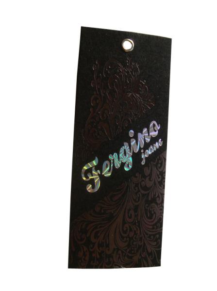 Quality Personalized Custom Costume Black Paper Swing Tags Debossed Holographic Logo for sale