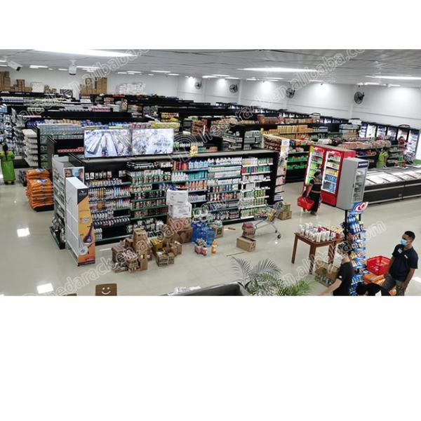Buy cheap Wood Steel Supermarket Store Fixtures Double Sided Gondola Supermarket Shelving Racks from wholesalers