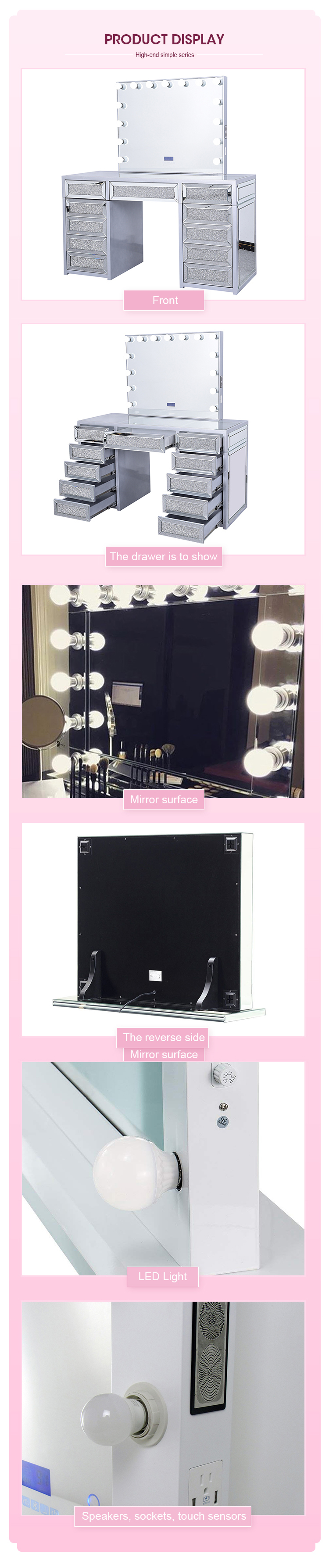 Led Mirrored Makeup Vanity Hollywood Dressing Table OEM