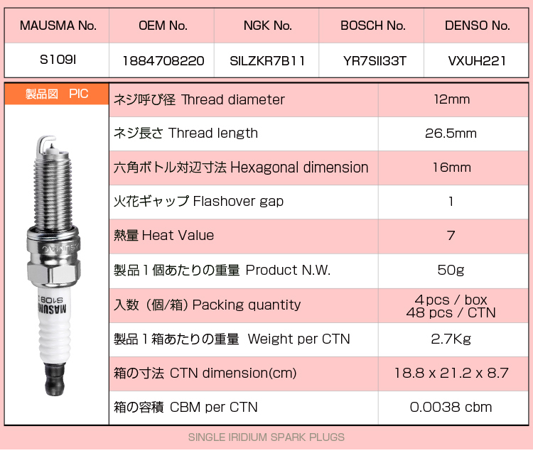 S302I MASUMA Nickel Alloy Spark Plug For MITSUBISHI LFR5AGP 1999-2000