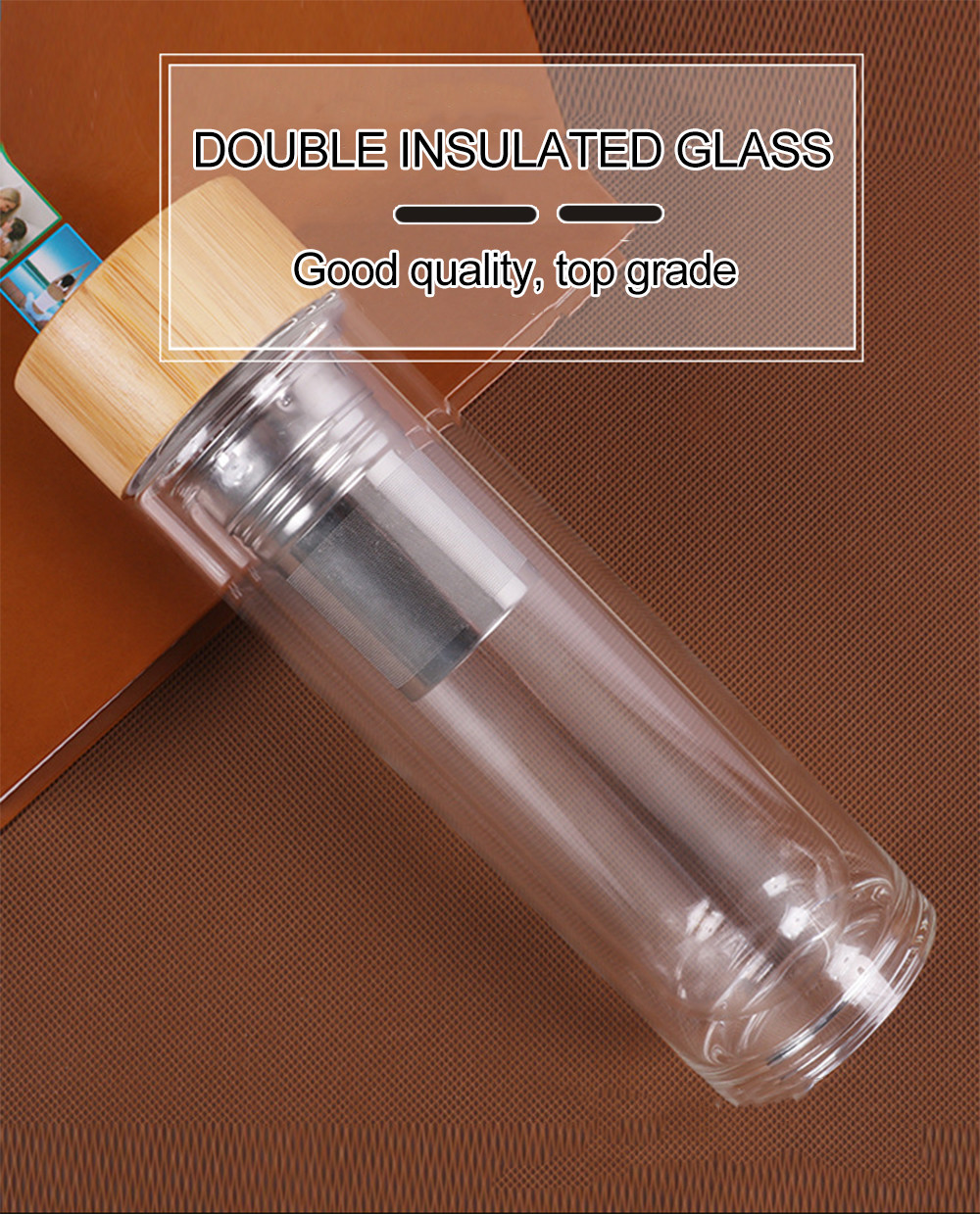 Double Wall High Borosilicate Glass Water Bottle Insulated Tea Infuser OEM