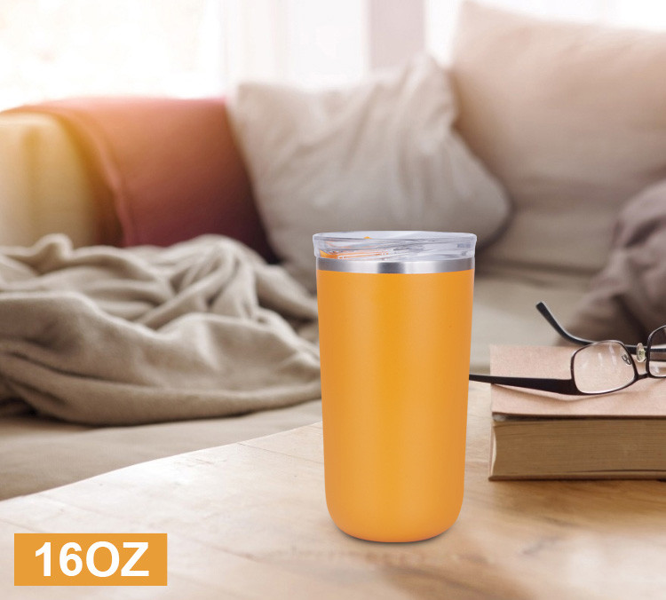 16 Oz Stainless Steel Coffee Mug With Lid And Metal Vacuum Straw