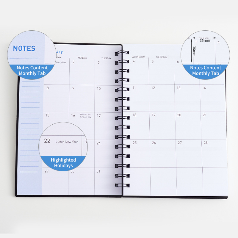Customizable A5 Black Daily Planner Spiral Bound Notebook with Customized Logo and Size