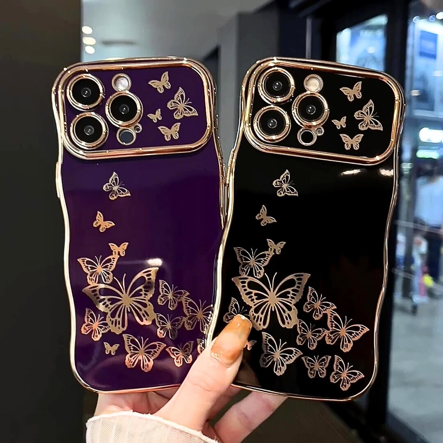 iPhone 13 girl phone case, curly wave frame, luxury plated butterfly pattern, TPU gold rim shock-proof lens protection