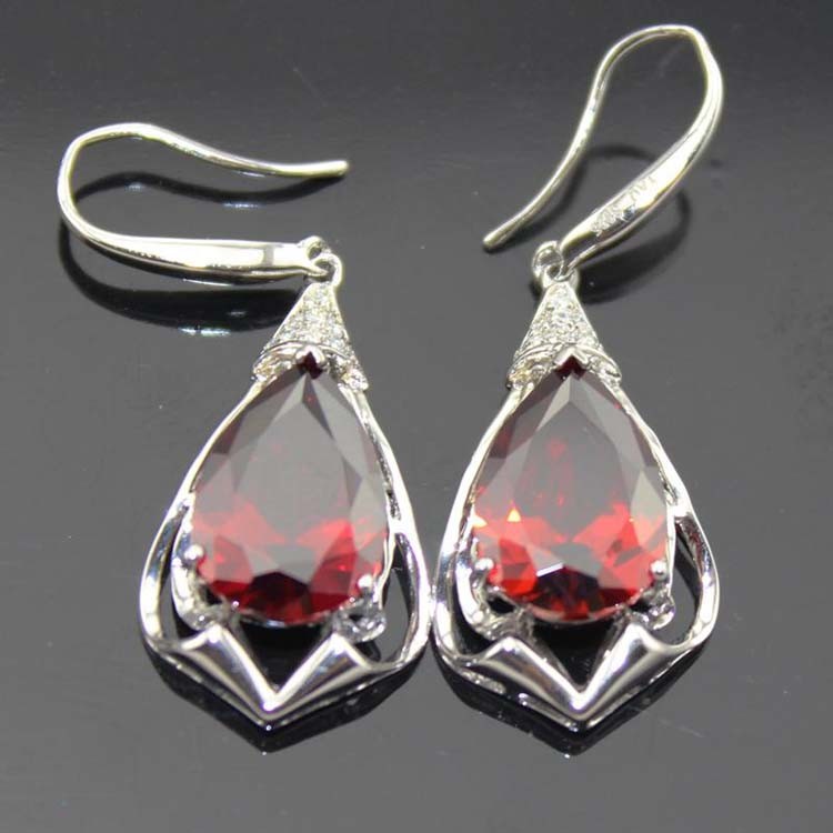 Fine Jewelry 925 Sterling Silver Garnet Cz Dangle Drop Earrings (PSJ02944)