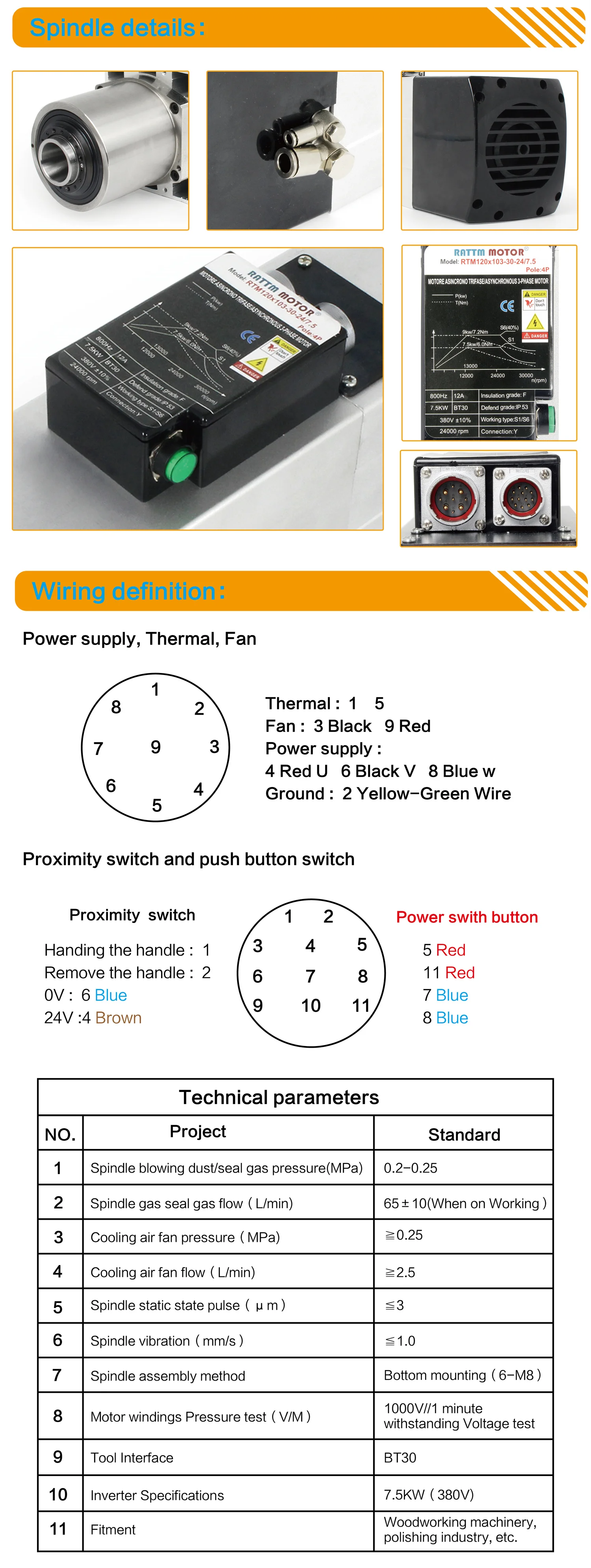 ATC BT30 Spindle Motor 800Hz 380V 7.5KW For CNC Engraving Machine