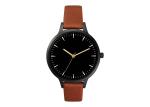 Black Slim Quartz Stainless Steel Watch Red Genuine Leather Strap IP Plating