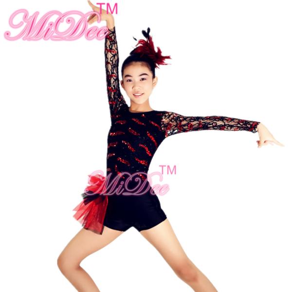 Quality Adult Jazz Costumes Sequined Lace Long Sleeve Leotard Shorts With Side Suttles for sale