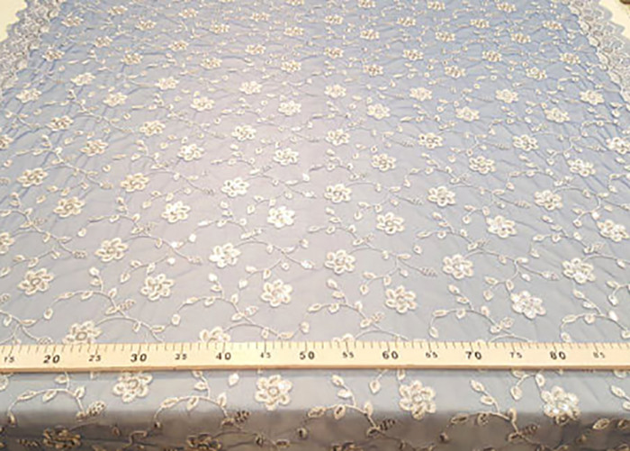 Embroidered White And Blue Sequin Floral Lace Fabric With Scalloped Edging