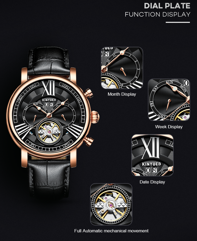 KINYUED Skeleton Leather Band Mechanical Men Watch tourbillon watch automatic