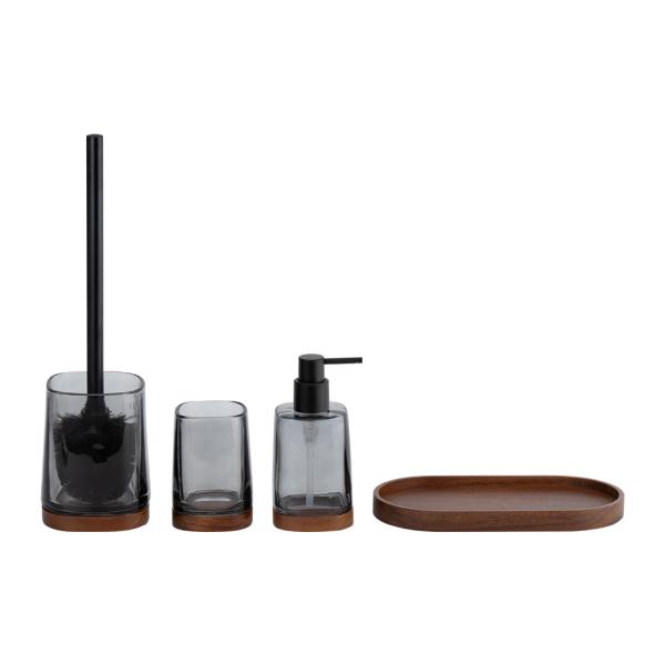 Buy cheap 4pcs smoke glass bathroom accessories set round with wood part hand soap bottle from wholesalers