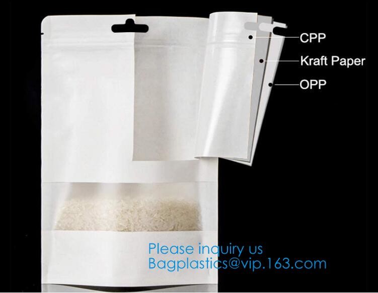 White Kraft Paper Stand Up Zipper Pouches Aluminum Foil High Barrier Quad Seal Bag For Food Package