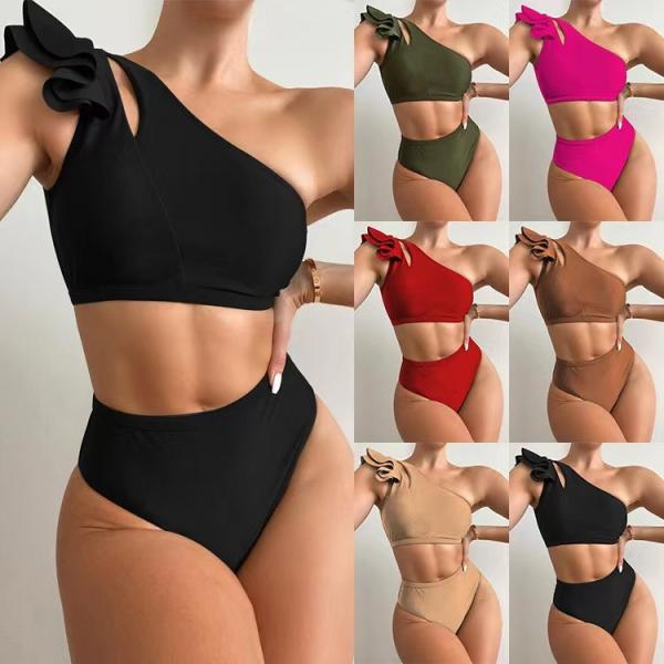 Buy cheap One Shoulder Ruffled Two Piece Bikini Solid Color Split Sexy Swimsuits For Women from wholesalers