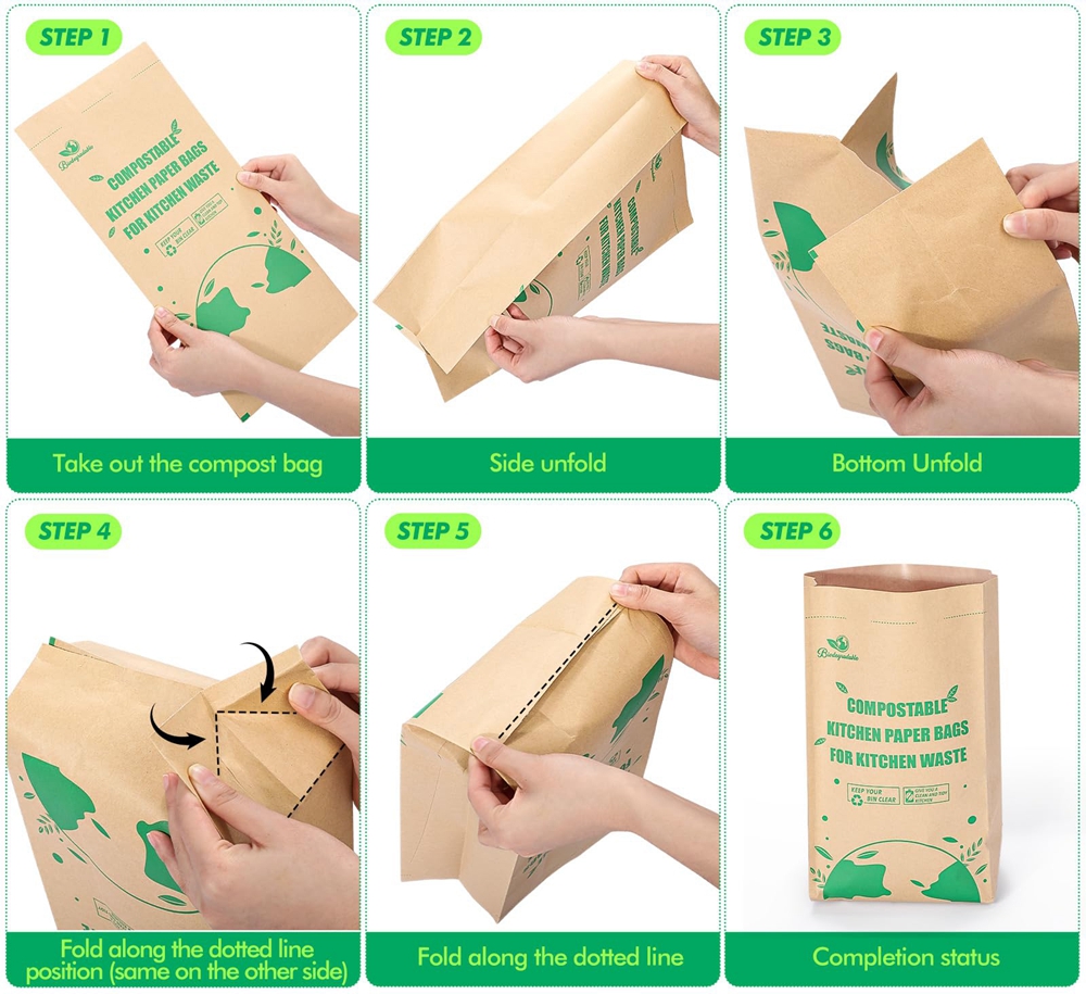 100% Biodegradable Square Bottom Kraft Paper Garbage Bags for Food Waste 50 Lb Capacity