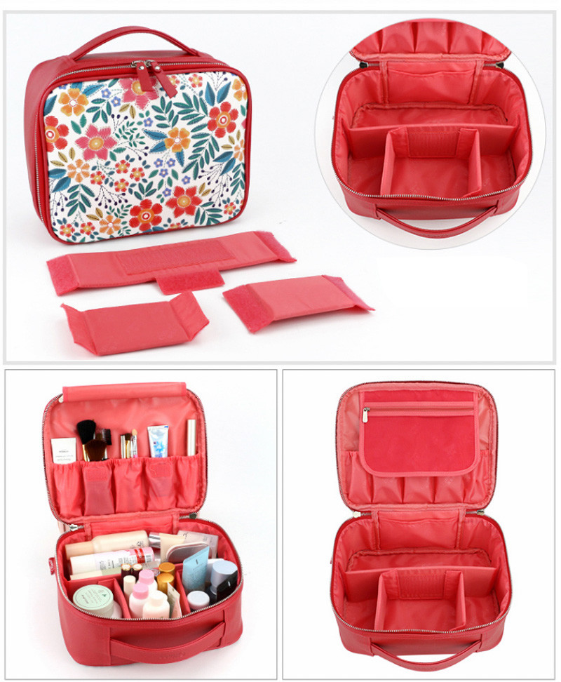 Travel Cosmetic Bag With Zipper Floral Compartment Red Portable Makeup Bag