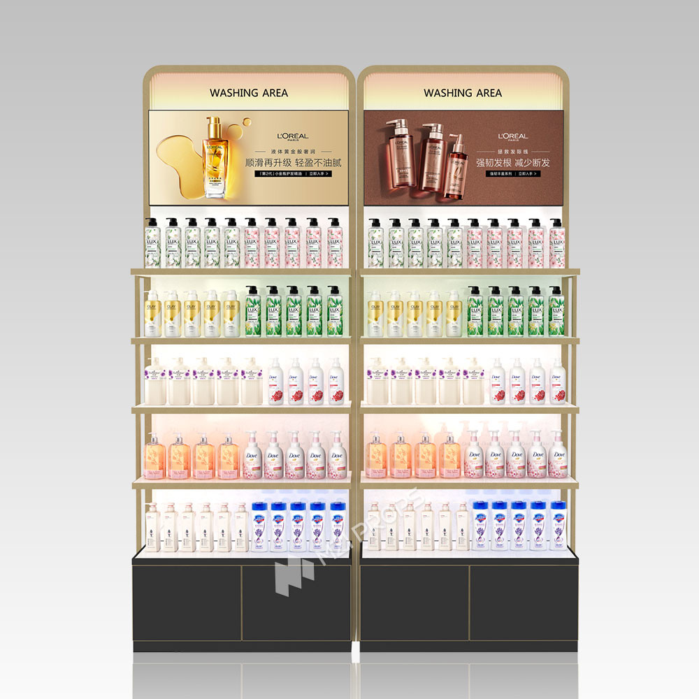 Skincare Display Rack Black& Gold Wooden Laundry and Care Products Display Cabinet With Adjustable Layer Board For Brand Cosmetic Store Interior