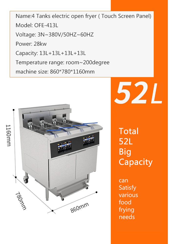 Professional Touchscreen smart panel 4tank 4baskets 28KW 304SUS Electric Chips Open Fryer
