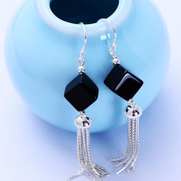 Buy cheap Square Black Onyx 925 Silver Tassels Drop Earrings(XH057072W) from wholesalers