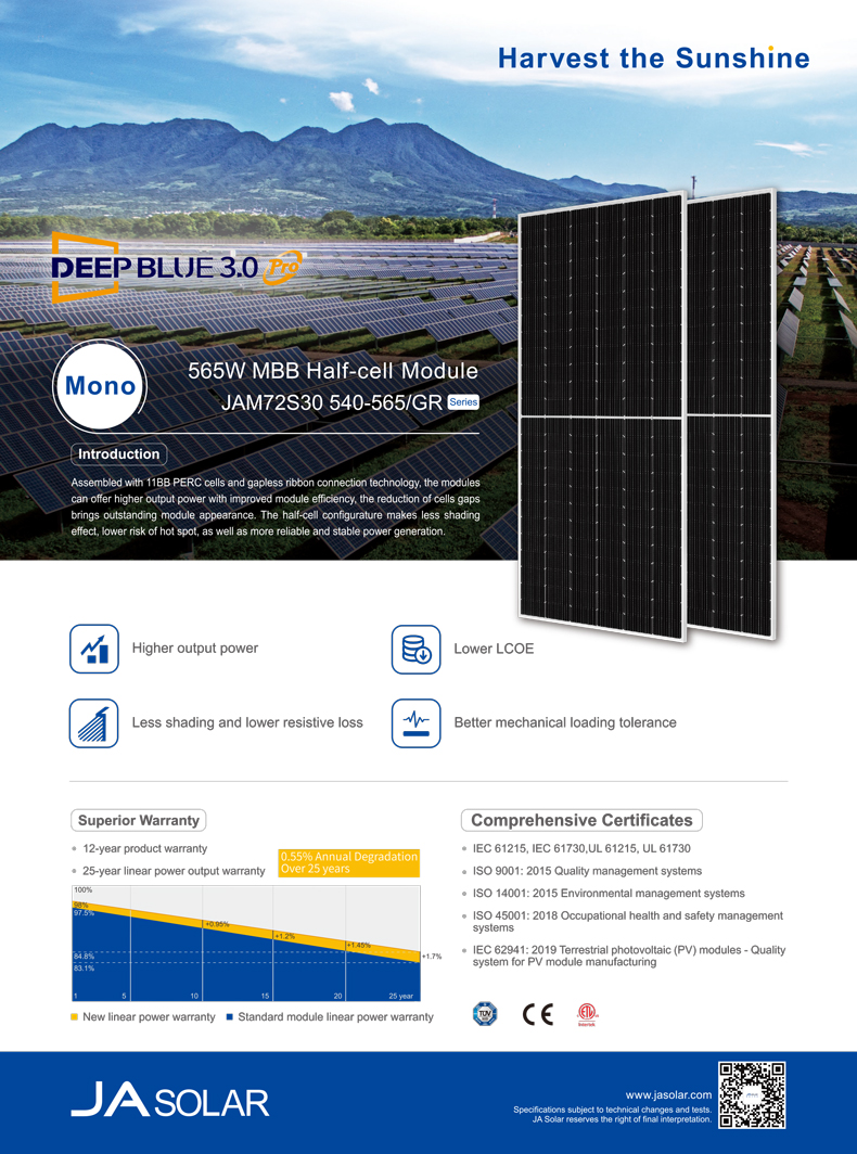 Photovoltaic Module JA Mono Solar Panel JAM72S30 540- 565/GR Half CEll MBB 555W 560W 565W