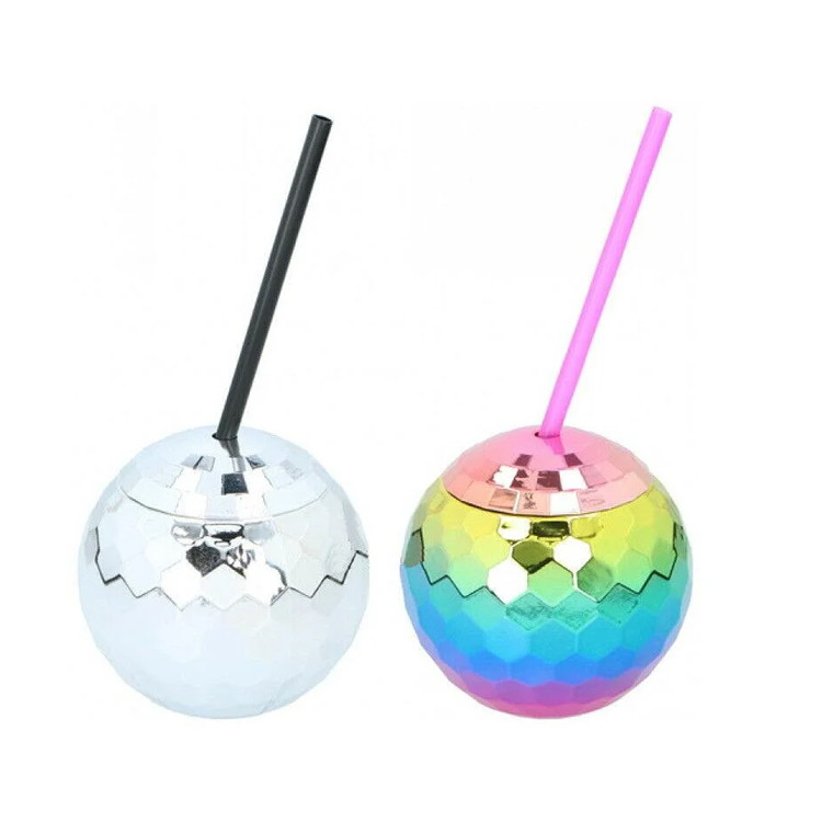 Light Up Disco Ball Drink Cup With Straws 450ml Unbreakable