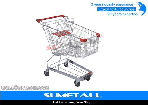 Supermarket Shopping Trolley On PU Wheels , Strong Store Shopping Cart Four
