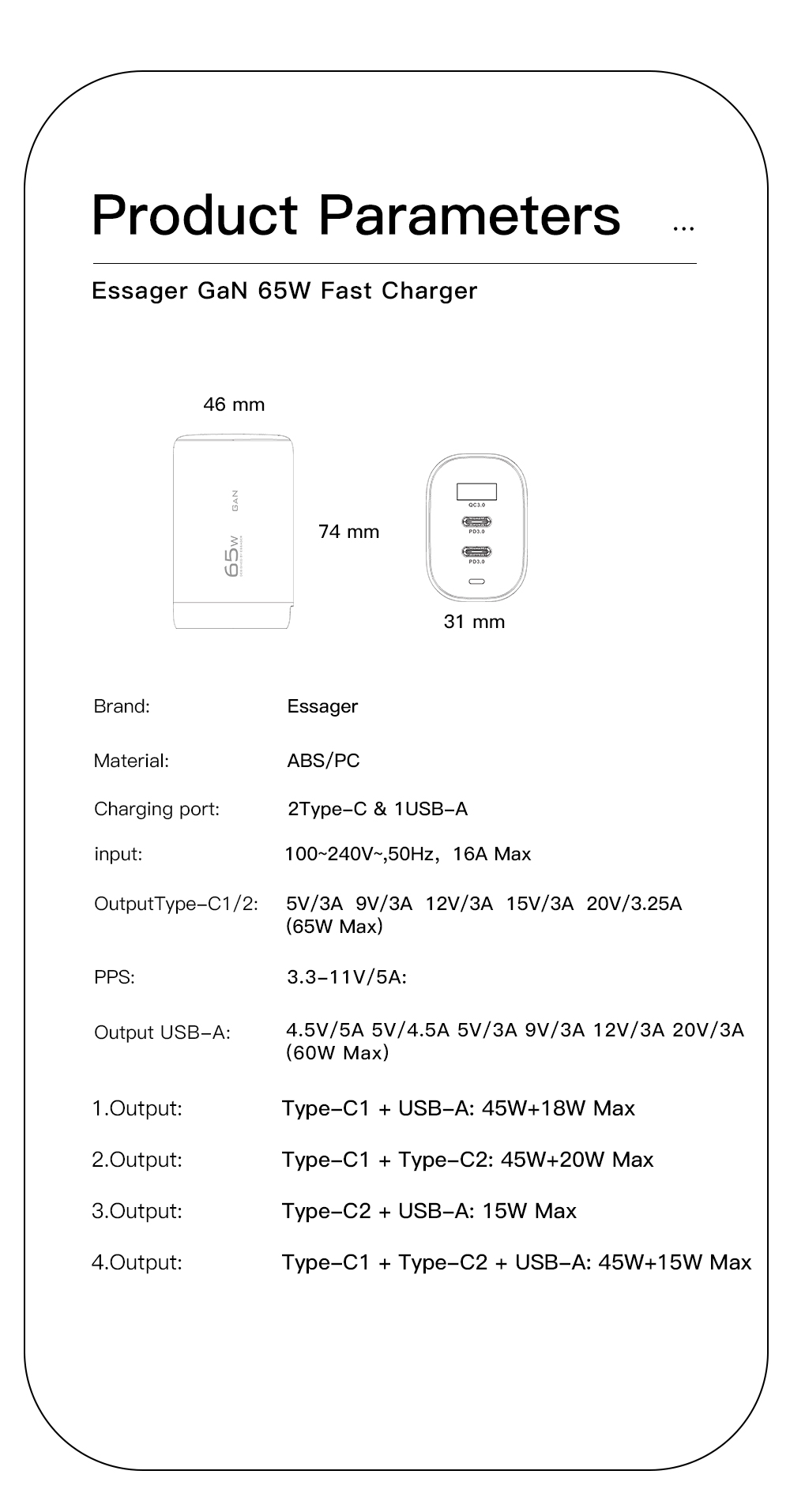 Travel GaN PD Wall Charger 65w 3 USB Port USB A Type C Fast Charging