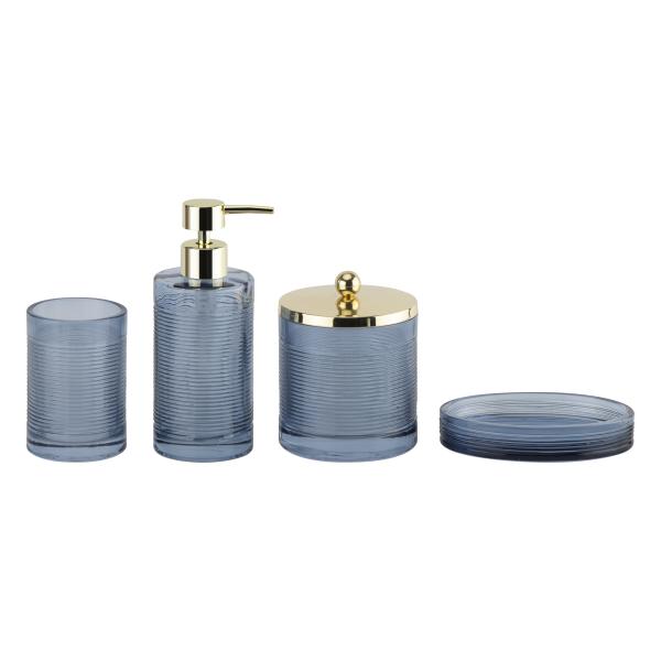 Buy cheap Blue Glass Modern Bathroom Accessories Set 4pcs Golden Pump Head Dispenser With Circle Line from wholesalers