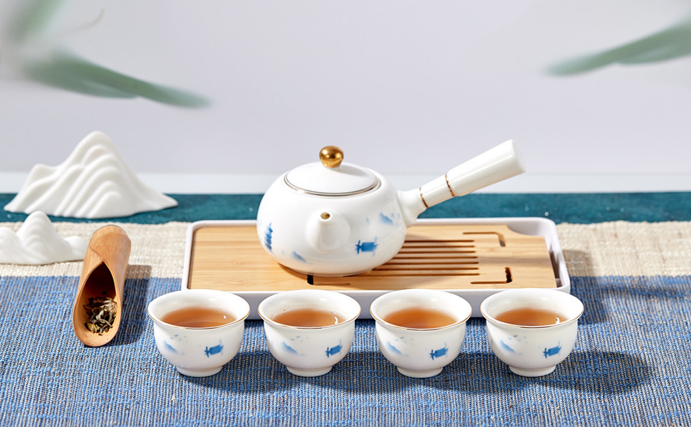 Kung Fu Tea Cup Set Porcelain Gongfu Tea Set 6.7oz With Bamboo Tray