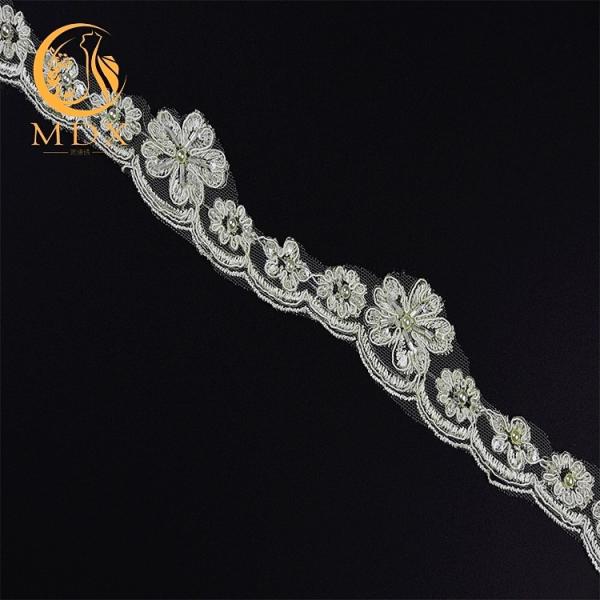 Buy cheap OEM Knitted Custom 3D Flower Lace Trim Embroidery Soft Mesh With Beads from wholesalers