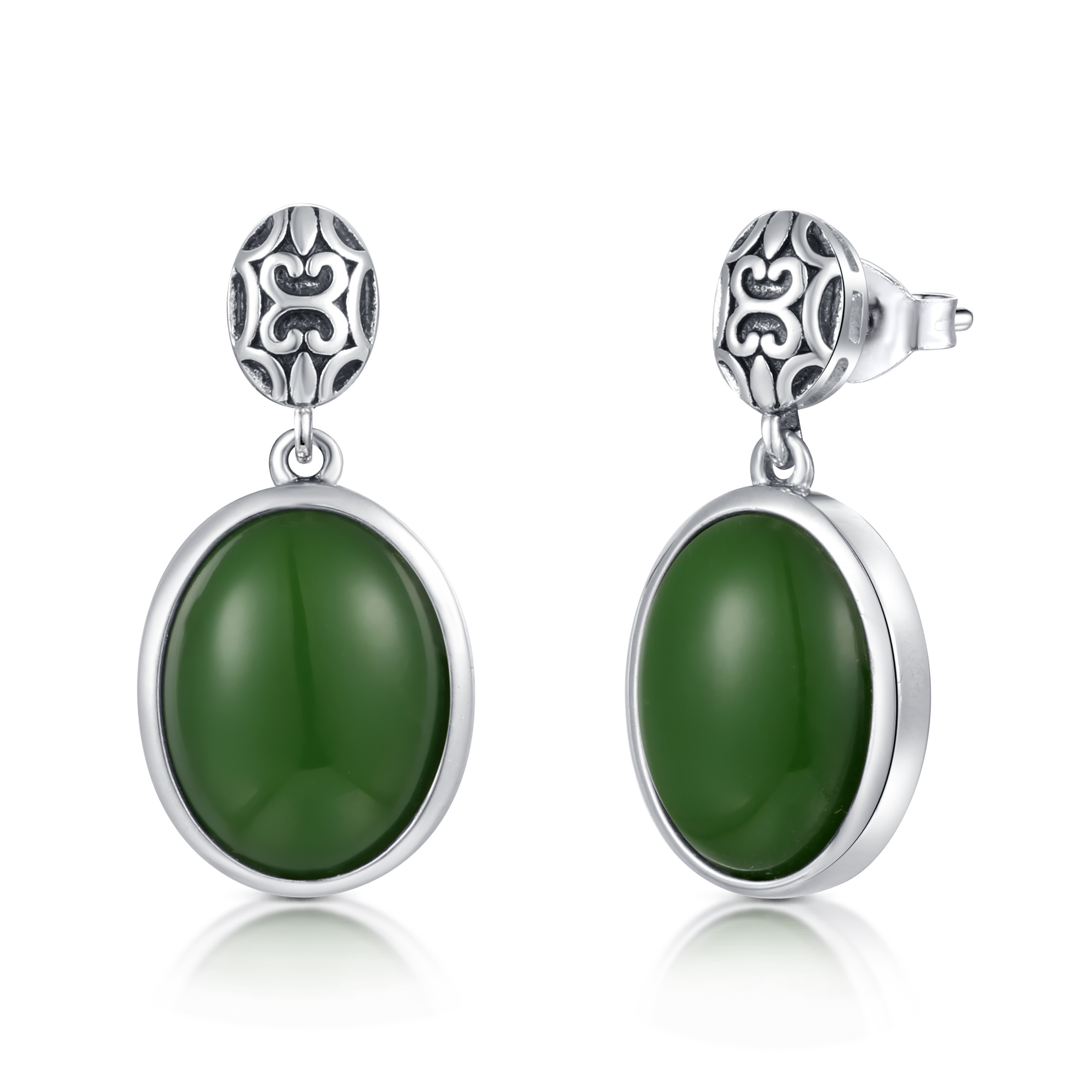 1.54g 925 Sterling Silver Gemstone Earrings 9x10mm Oval Green Jade