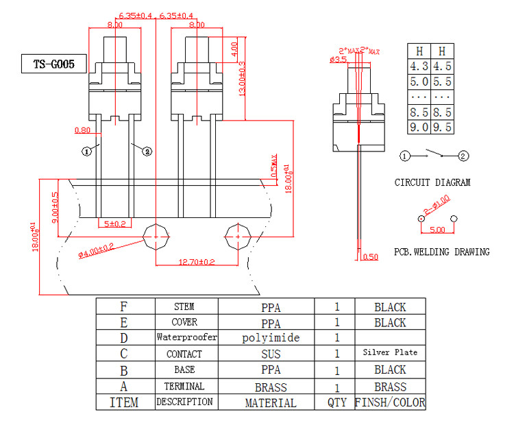 IP67 Sealed PCB Mount Push Button Switch Through Hole Mount Design Momentary Type