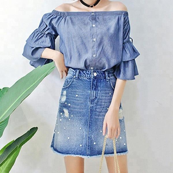 Buy cheap Women Charming Denim Skirts With Pearls ，Blue Jean Skirts For Ladies from wholesalers