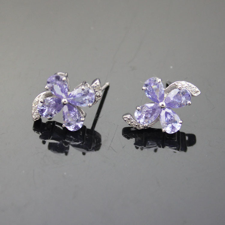 Sterling Silver Amethyst Cubic Zircon Quatrefoil Stud Earrings(E02)
