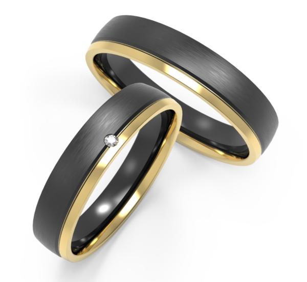 Buy cheap Round Matte Black Stainless Steel Ring With K Gold Side Set Zircon Couple Ring from wholesalers
