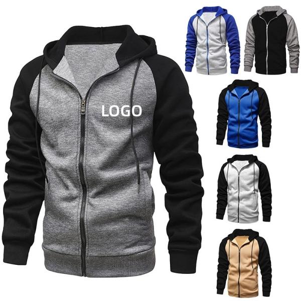 Autumn and winter new coat color contrast zipper cardigan plus velvet hoodie men