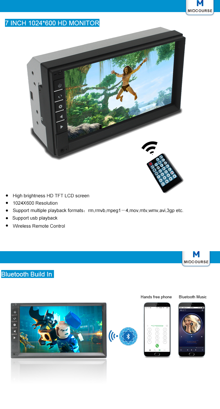 Touch Screen 2 Din Car Stereo Car Mp5 Mp4 Player 5m Remote Range