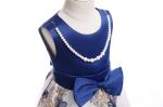 O-Neck Satin Girl Dress Embroidered Mesh Dress Dark Blue Pearl Necklace Dresses