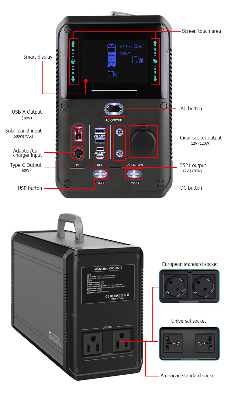 1000W Portable Power Station Solar Generator For Outdoor Camping