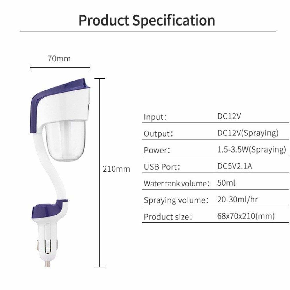 Vehicle Ultrasonic Air Humidifier With Dual USB Charger Adapter
