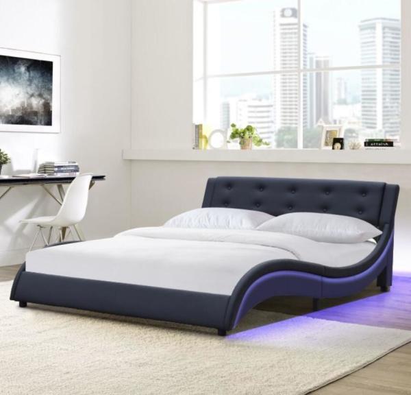 Queen Size Faux Leather Upholstered Bed Black / White / Brown Color With LED