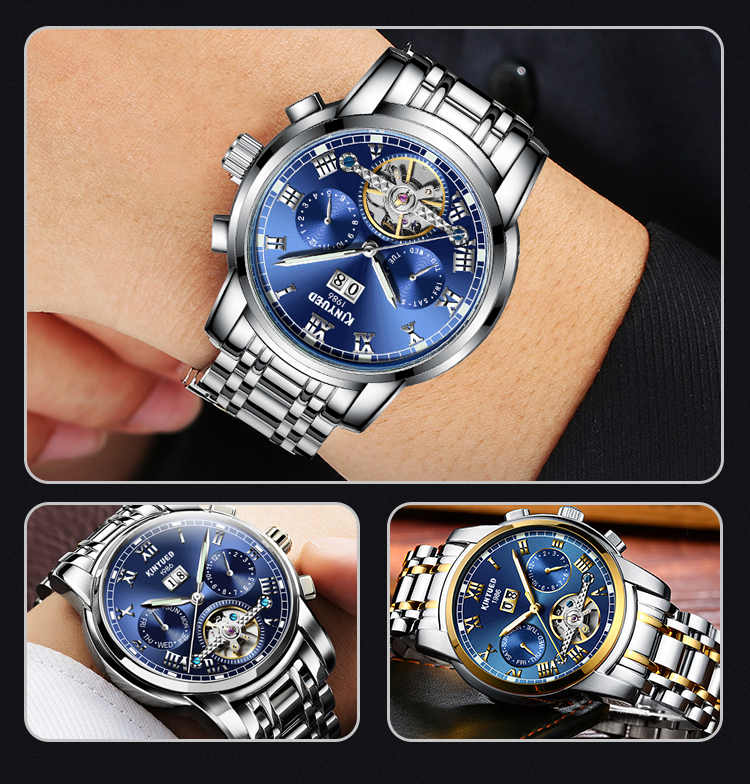 KINYUED tourbillon mechanical watch men oem waterproof stainless steel back automatic wristwatch