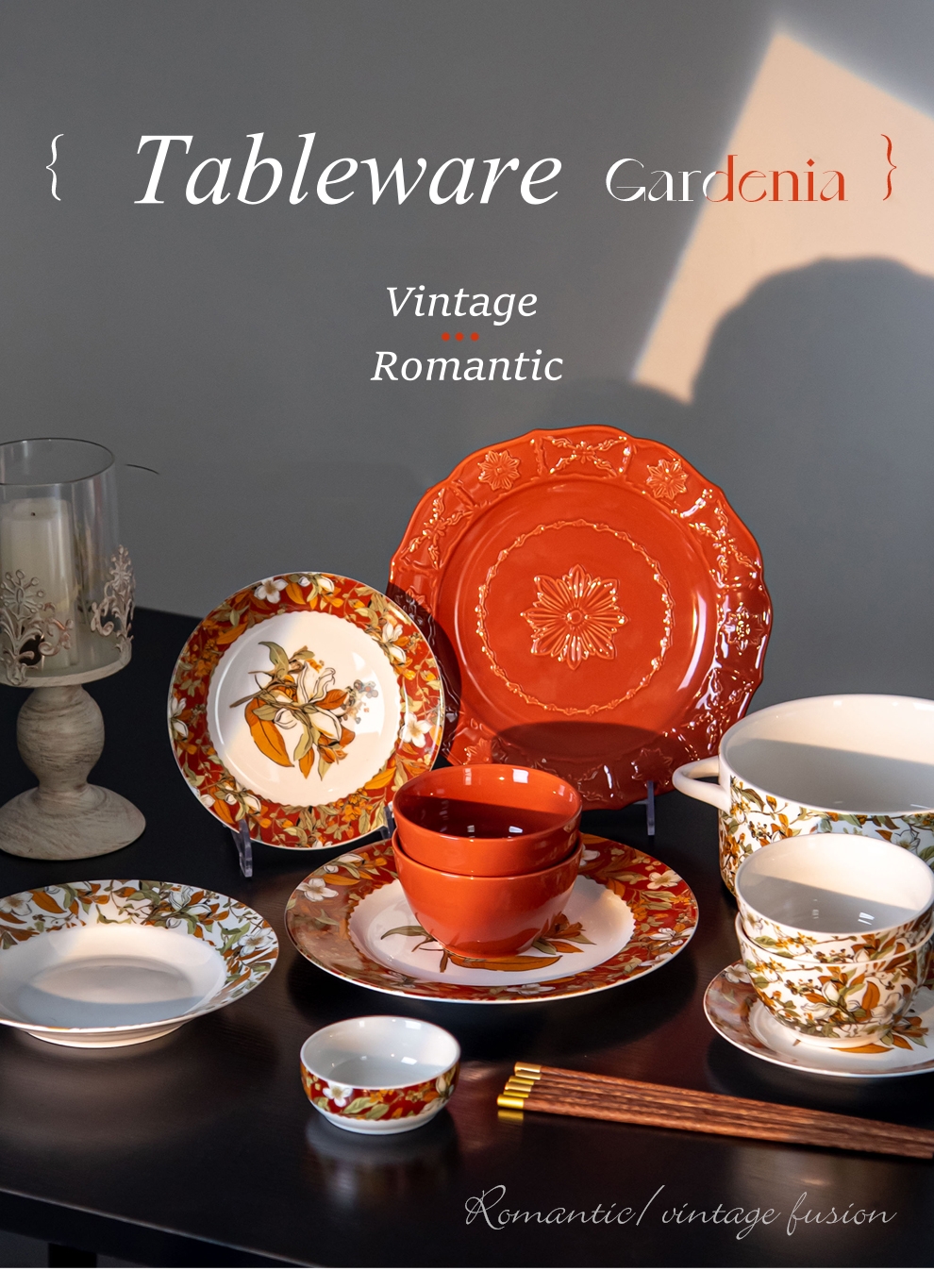 Orange Porcelain Floral Dinner Plates Set in Retro Turkish Style with Vintage Ceramic