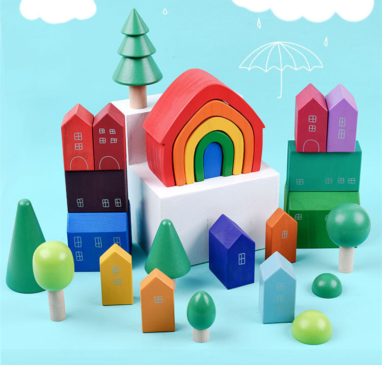 Baby 15cm Bridge Wooden Building Blocks Toy Nesting Rainbow Block Set