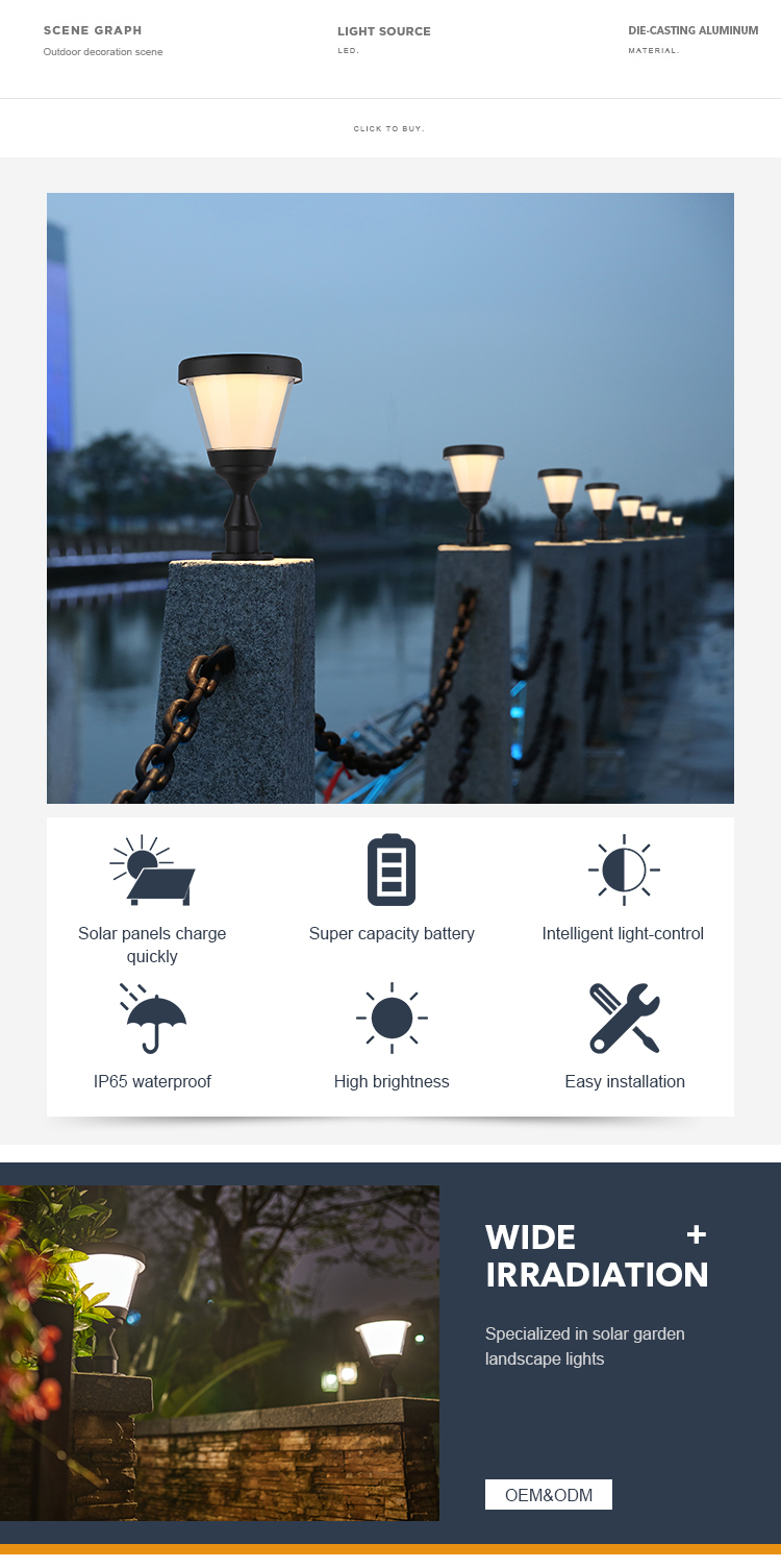 Energy Saving IP65 Solar Post Lights With Mono Solar Panel Aluminum Column Lamp
