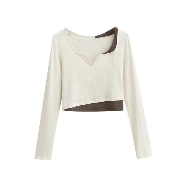 Buy cheap Spice Girl Two-Piece Patchwork Color Small V-Neck Long-Sleeved T-Shirt Women′s Spring Slim Show Short Crop Top from wholesalers