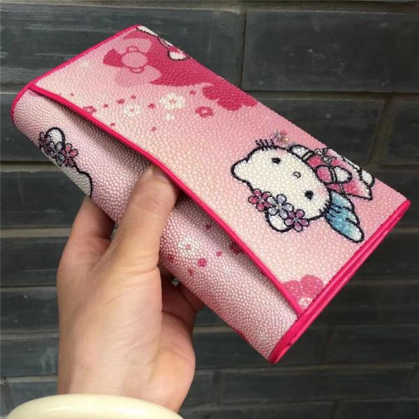 Buy cheap Cute Authentic Stingray Skin Lady Long Kitty Cat Trifold Wallet Genuine Leather Female Clutch Card Bag Women Coin Purse from wholesalers