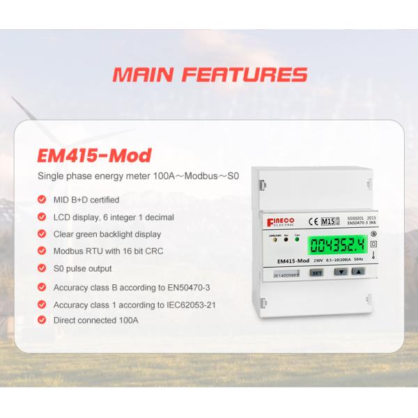 Single Phase RS485 Kilowatt Hour Meter EM415-Mod 230V 10 100 A MID Approved Power Meter