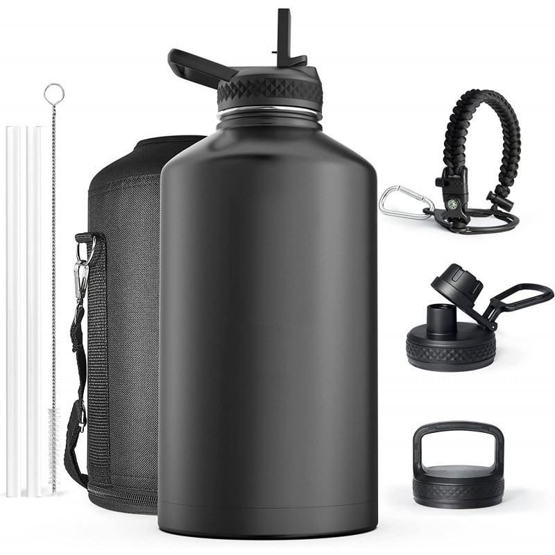 64oz Insulated Water Bottle With Paracord Handles & Strap Stainless Steel Metal
