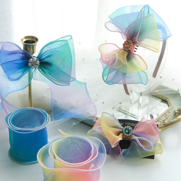 Buy cheap Korean imported rainbow grilled edge fungus rolled edge yarn handmade DIY jewelry hair clip bow ribbon children's headwear from wholesalers