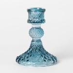 Blue Depression Tapered Color Glass Candle Holder Pressed Diamond Pattern